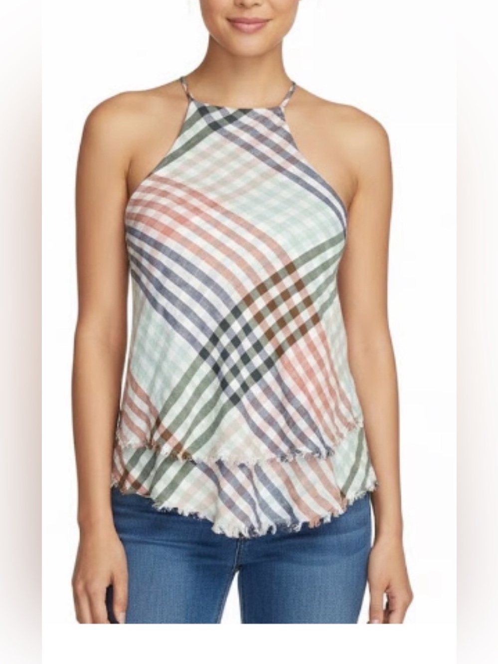 American Eagle plaid high neck frayed swing tank top women’s M